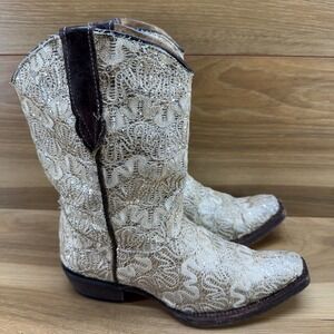 Tanner Mark Girls Size 1 Western Boots Gold Glitter Inlay Snip Toe